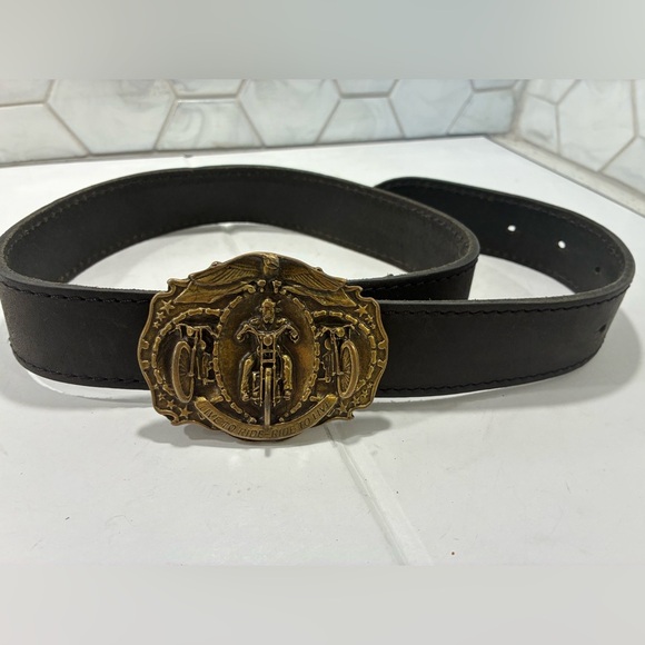 LIVE TO RIDE Biker Buckle Black Leather Belt Brass Made In Holland Motorcycle - Picture 2 of 6